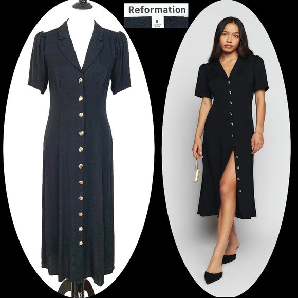REFORMATION Wilde Puff-Sleeve Button-Front Midi Dress Goth Witchy Sz 8 - Picture 1 of 16